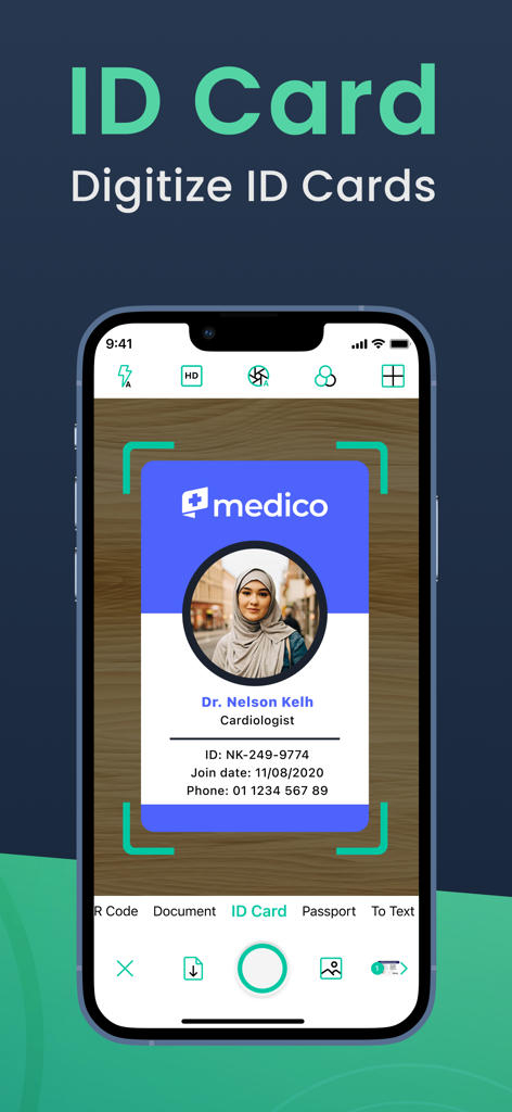 PDF Scanner App for Documents - Interfaz de la app móvil para digitalizar una tarjeta de identificación usando detección automática de bordes