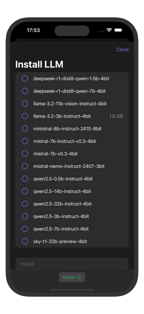 ai.local - Interface of the ai.local app showing a list of downloadable Large Language Models for offline use, including Llama, Mistral, and DeepSeek.