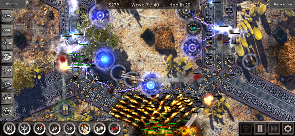 Defense Zone 3 Ultra HD - Top-down view of tactical tower defense gameplay in Defense Zone 3 Ultra HD featuring futuristic turrets and explosions.