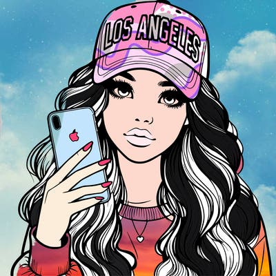 realistic beautiful girl wearing los ángeles cap holding an iphone