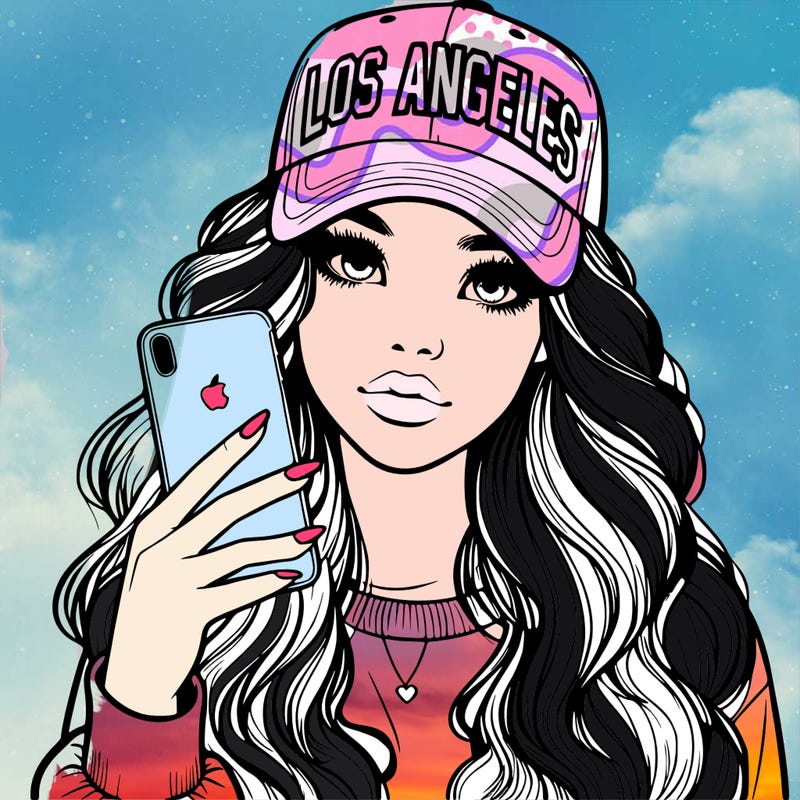 realistic beautiful girl wearing los ángeles cap holding an iphone