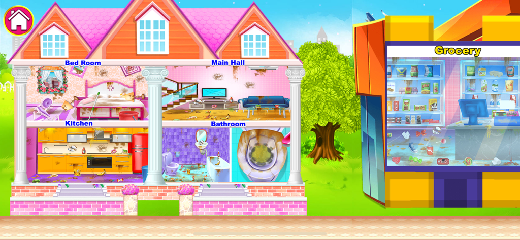 CleanUp City Clean House Game - Cartoon interface showing a messy two-story house and a grocery store ready for cleaning in CleanUp City