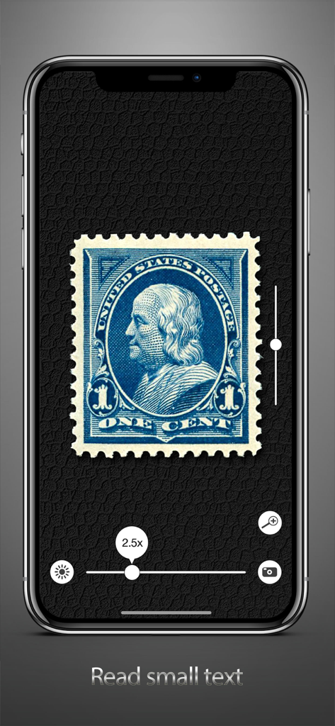 Magnifying glass ++ - Una pantalla de smartphone utilizando la aplicación de lupa para acercar un sello postal antiguo