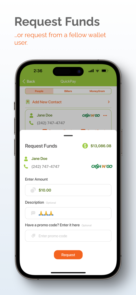 Captura de pantalla de la interfaz de la aplicación móvil Cash N GO para solicitar fondos a otro usuario.