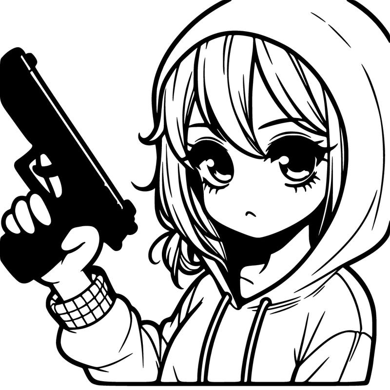 a hooded girl with a gun in her hand