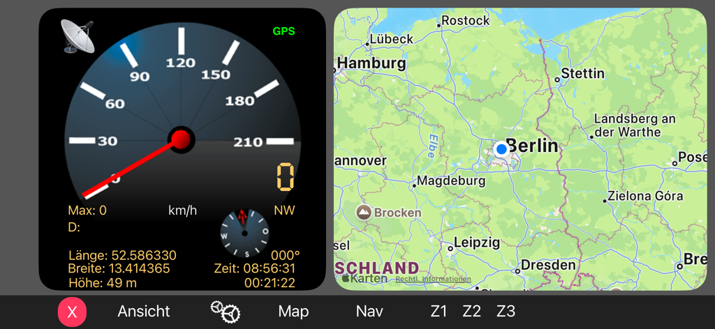 Split screen interface showing an analog speedometer with GPS coordinates and a navigation map.
