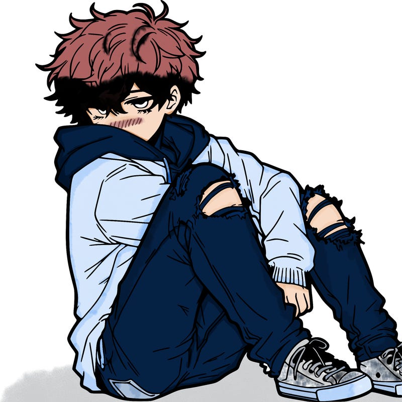a male hoddie ripped jeans messy hair anime