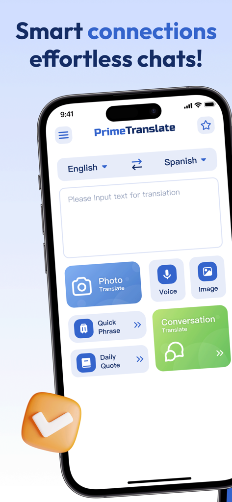 PrimeTranslate - Interfaz de la aplicación PrimeTranslate que muestra funciones de traducción, incluidas opciones de traducción por voz, foto y texto