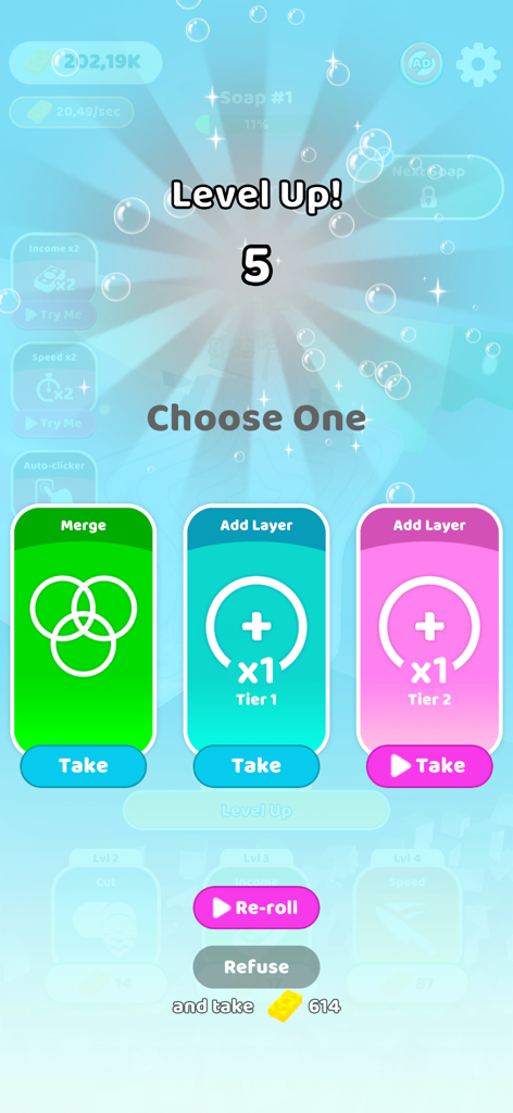 Idle Soap ASMR - Pantalla de subir de nivel en ASMR de Cortar Jabón que muestra una elección entre mejoras de Fusión y Añadir Capa