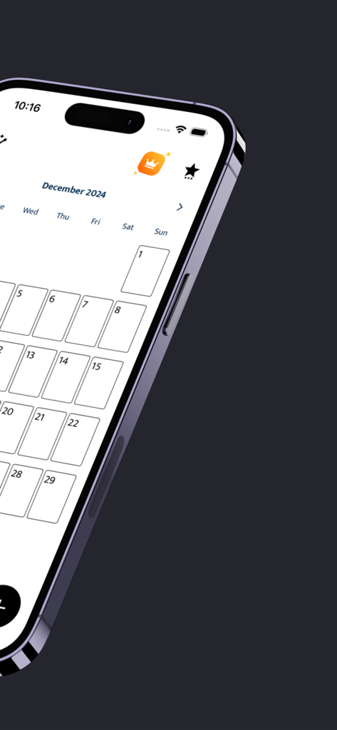 Calendar view of the Simple Budget app on an iPhone showing daily expense and income tracking for December 2024