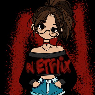 girl with a messy ponytail glasses a baggy crop top and jean shorts