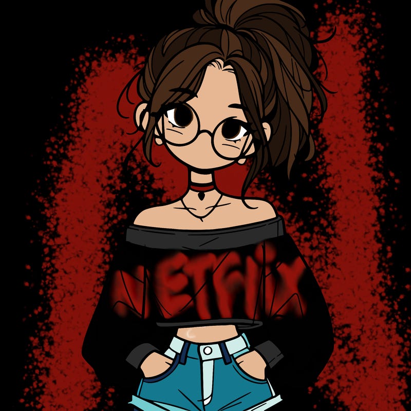 girl with a messy ponytail glasses a baggy crop top and jean shorts