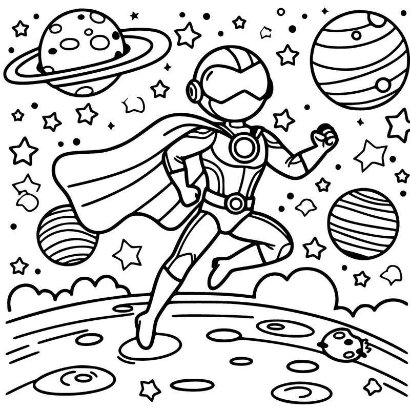 a superhero on a mission in outer space, surrounded by planets and stars.