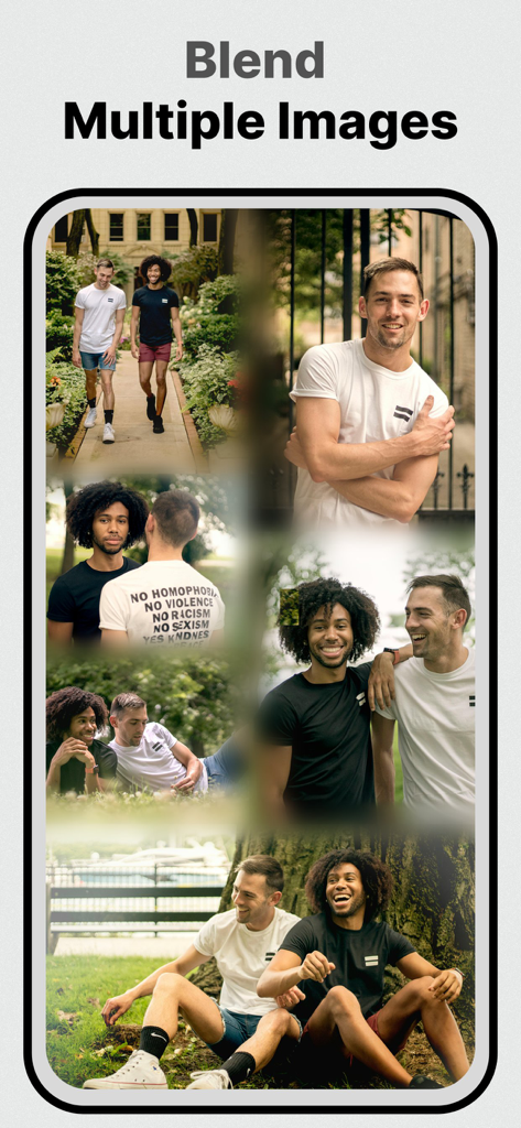 A collage showing multiple blended photos of two men using the double exposure effect