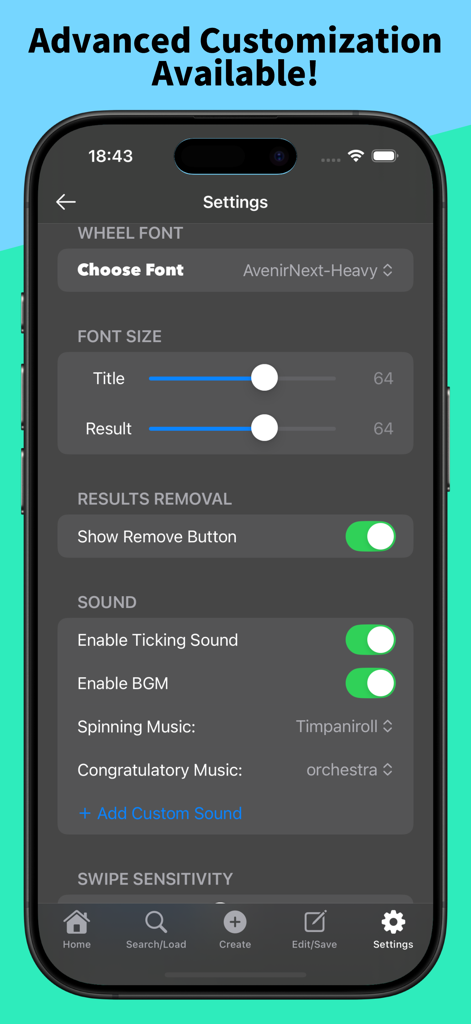 The settings screen of the Unfair Wheel app showing advanced font and sound customization options.