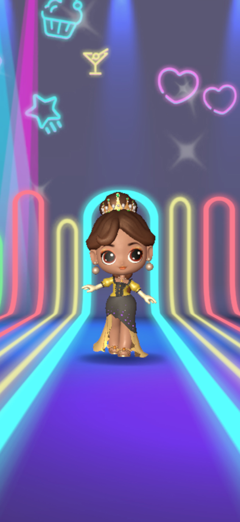 Doll Dress Up Salon - A doll character wearing a golden crown and elegant ball gown on a neon-lit stage
