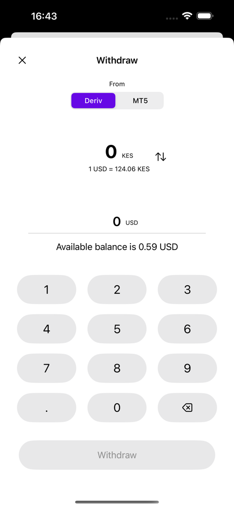 D-CASH - D-CASH app withdrawal screen showing currency conversion from KES to USD for Deriv trading accounts
