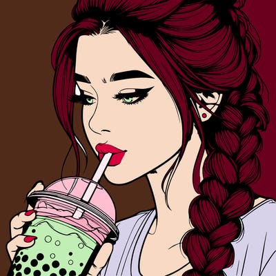 realistic girl drinking boba tea with braided hair