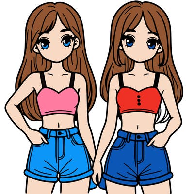 two sisters with crop tops and jean shorts and straight hair