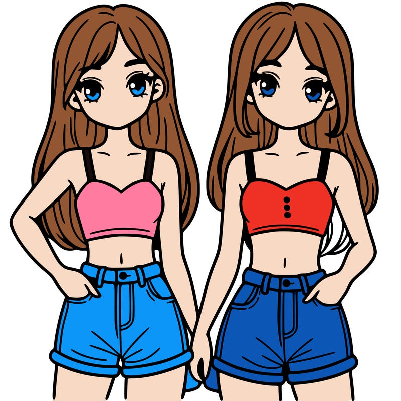 two sisters with crop tops and jean shorts and straight hair