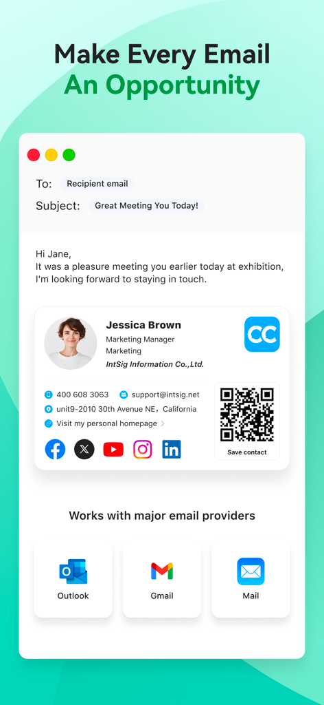 Digital business card integrated as a professional email signature with icons for Outlook Gmail and Apple Mail