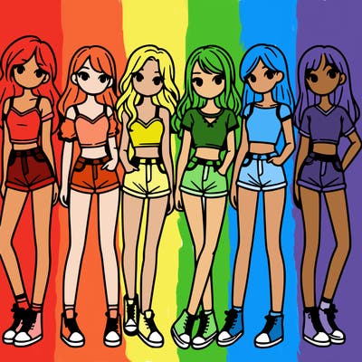 a group of girls wearing crop tops and shorts