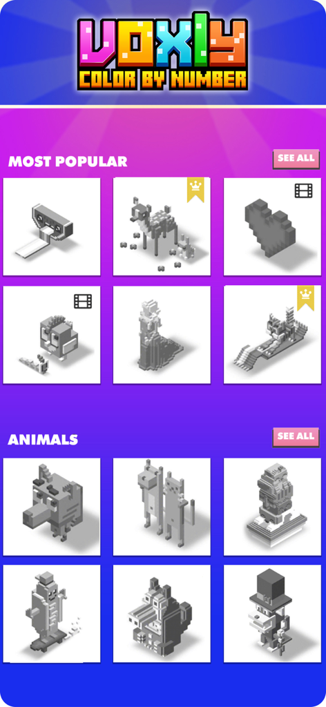 Voxly: Color By Number - Vista de galería de la aplicación Voxly Color By Number que presenta varios modelos voxel 3D categorizados por Más Populares y Animales.