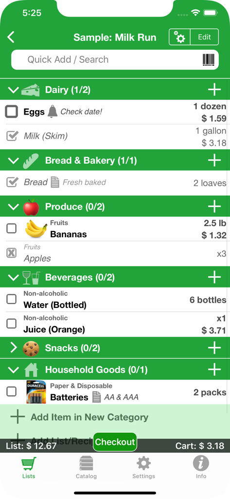 Shopping Pro (Grocery List) - Una lista de la compra detallada en la aplicación Shopping Pro organizada por categoría con cantidades y precios de los artículos