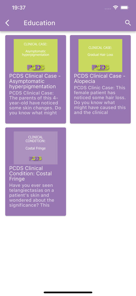 PCDS mobile app education screen displaying clinical cases for various skin conditions including hyperpigmentation and alopecia.