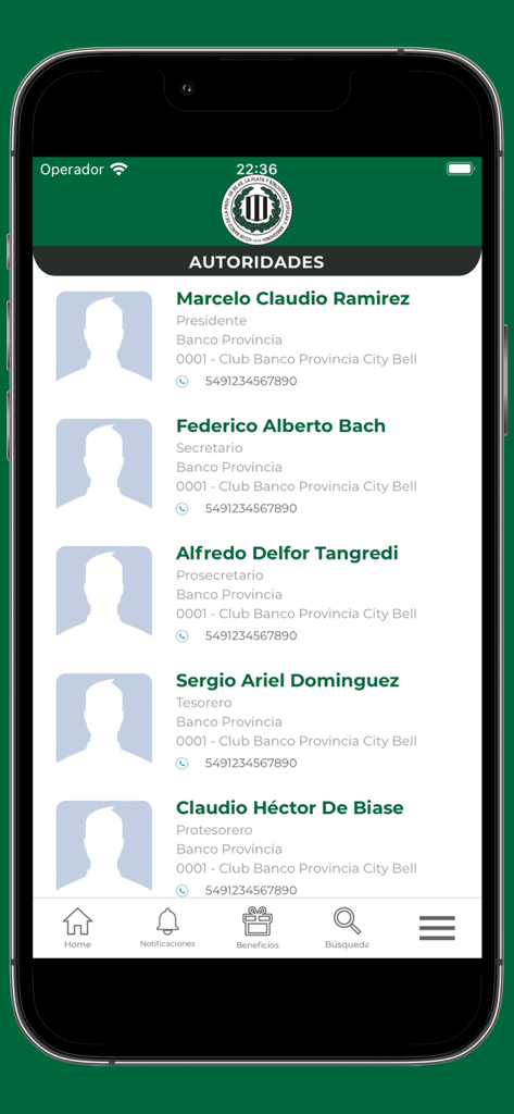 Club Banco Provincia La Plata - Pantalla de lista de autoridades en la app Club Banco Provincia La Plata mostrando nombres y roles del equipo directivo del club.