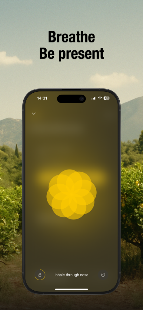 Lemio: Lock In Screen Time - Lemio app screen illustrating a neuroscientific breathing exercise to help users be present and focus.