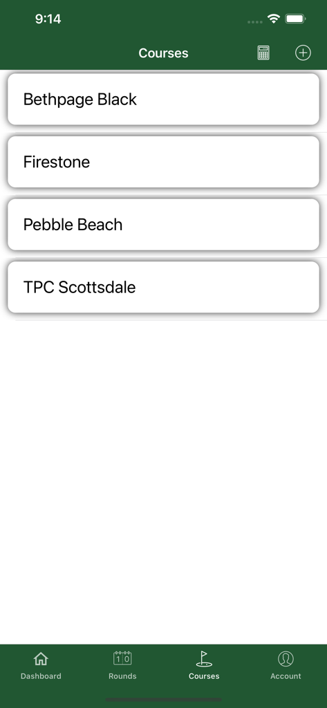 Simple Handicap - Screenshot of the Simple Handicap app showing a list of saved golf courses like Pebble Beach and TPC Scottsdale