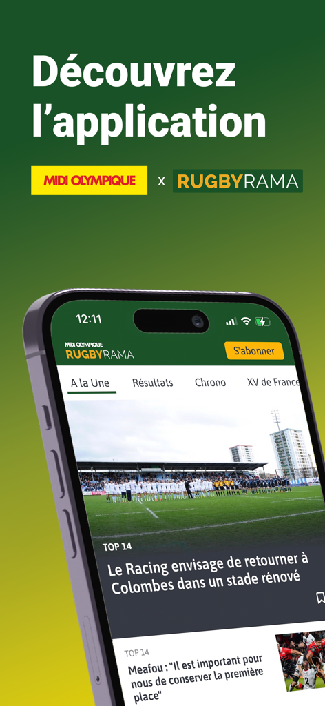 Pantalla de un smartphone mostrando la aplicación Rugbyrama con artículos de noticias de rugby y el logotipo de Midi Olympique.
