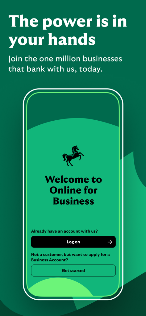 Lloyds Business Banking app - Welcome screen of the Lloyds Business Banking app with log on and get started buttons