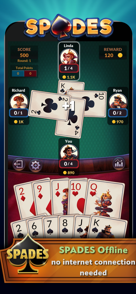Gameplay of Spades Offline card game showing a match with AI opponents