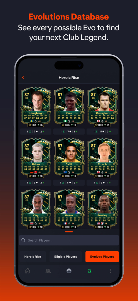 FUT.GG app screen showing the FC 26 Evolutions database with various player cards and upgrade stats