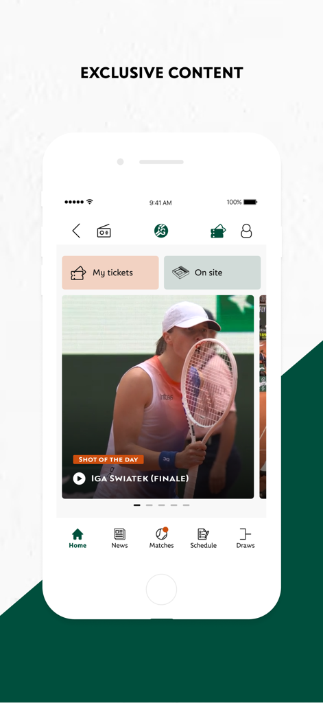 Roland-Garros official app home screen showing exclusive content and shot of the day featuring Iga Swiatek