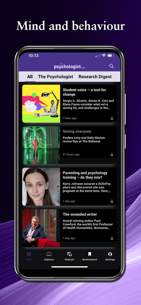 The Psychologist - The Psychologist app interface showing latest psychology articles and research digest feed.