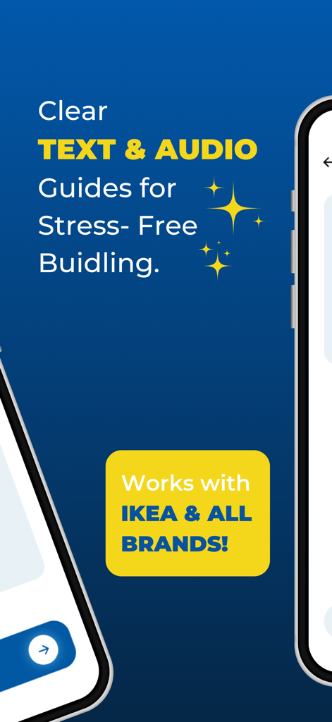 IKEA Assembly Guide app screen showing text and audio instructions for stress free furniture building