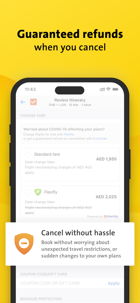 Cleartrip ME | Flight & Hotel - Cleartrip ME app screen highlighting guaranteed refunds and flexible flight booking options