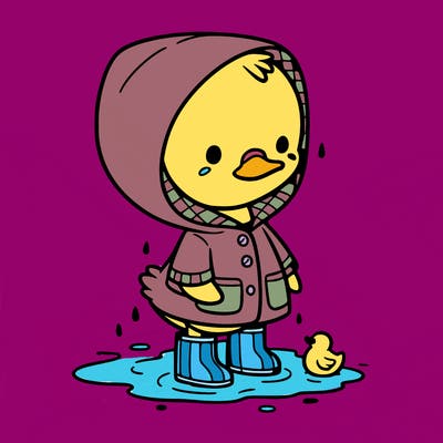 baby duck in a rain coat and boots, in a puddle while it’s raining