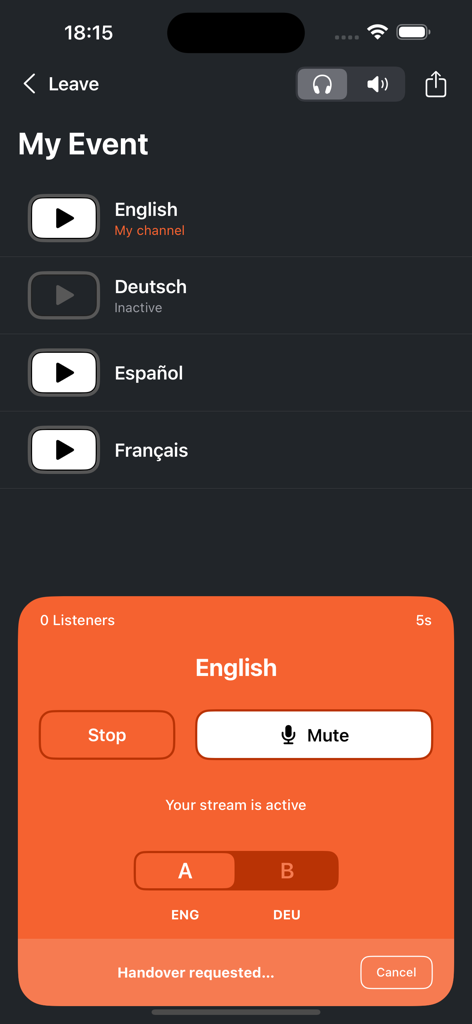 LiveVoice - LiveVoice app interface displaying multiple language channels for real-time event audio translation.