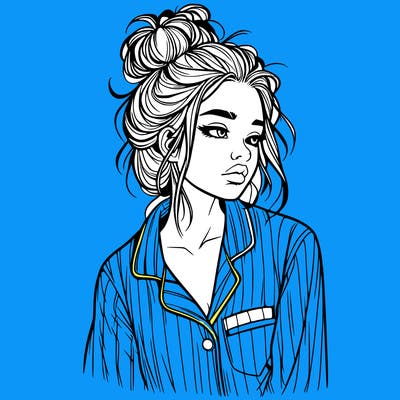 realistic woman with pajamas on and a messy bun