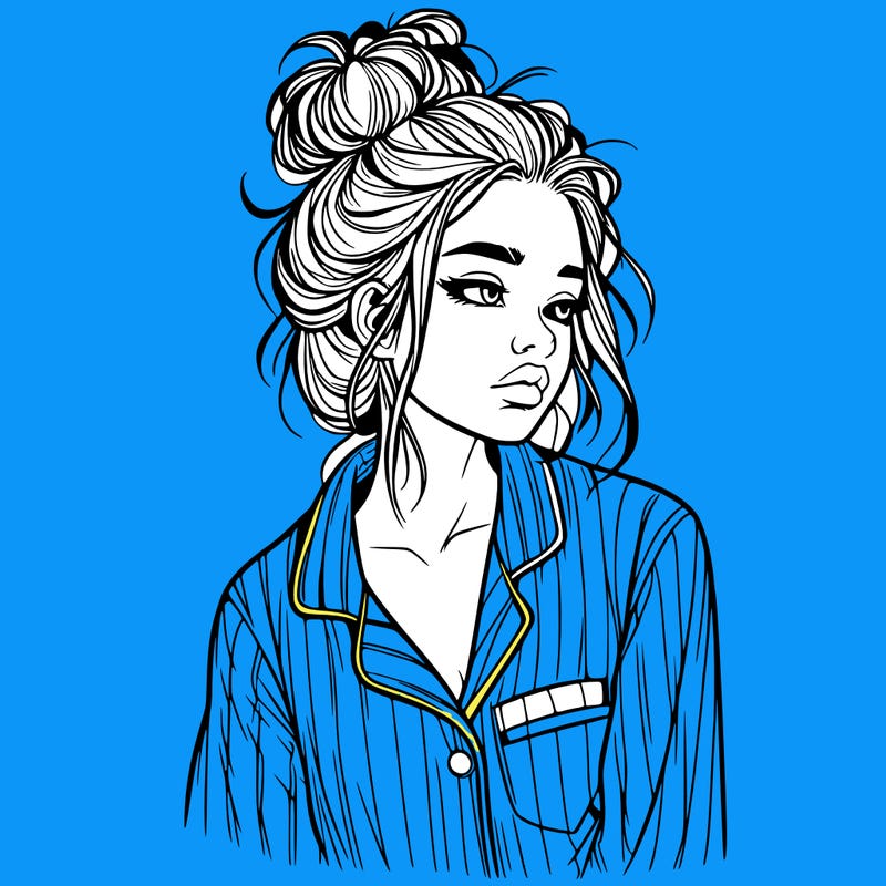 realistic woman with pajamas on and a messy bun