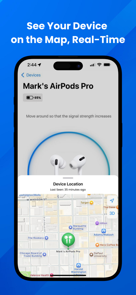 Spot Bluetooth Finder - Smartphone-Bildschirm, der einen Echtzeit-Standort für verlorene AirPods Pro zeigt