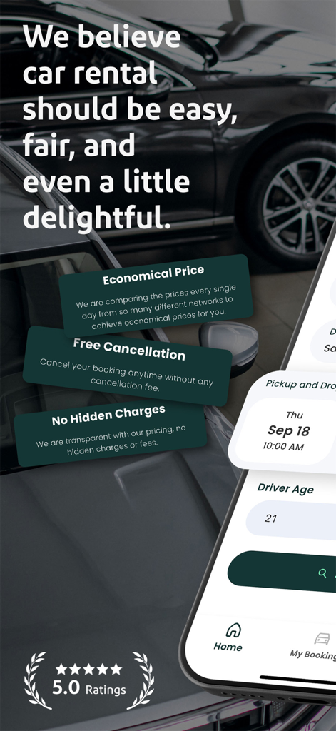 Final Rentals Car Rental App - Final Rentals mobile app screen showing car rental benefits and five star rating