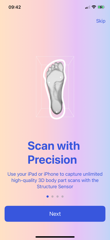 3D-Sidekick - Pantalla de incorporación de la aplicación 3D-Sidekick que muestra un escaneo 3D de un pie con el titular Escanee con precisión