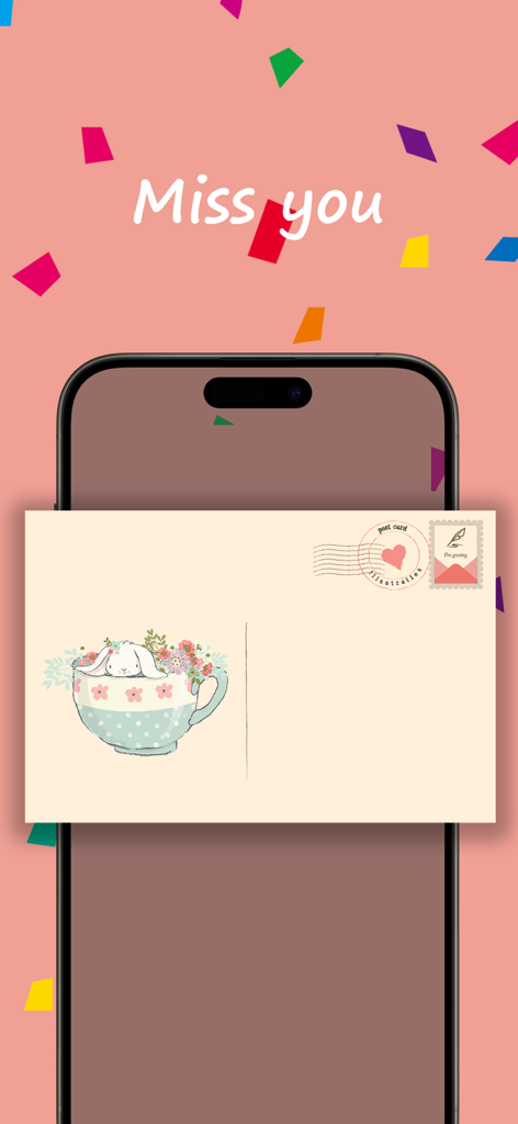 Pencil Greeting:Invites&eCards - A digital postcard featuring a bunny in a teacup illustration displayed on a smartphone screen with a confetti background.