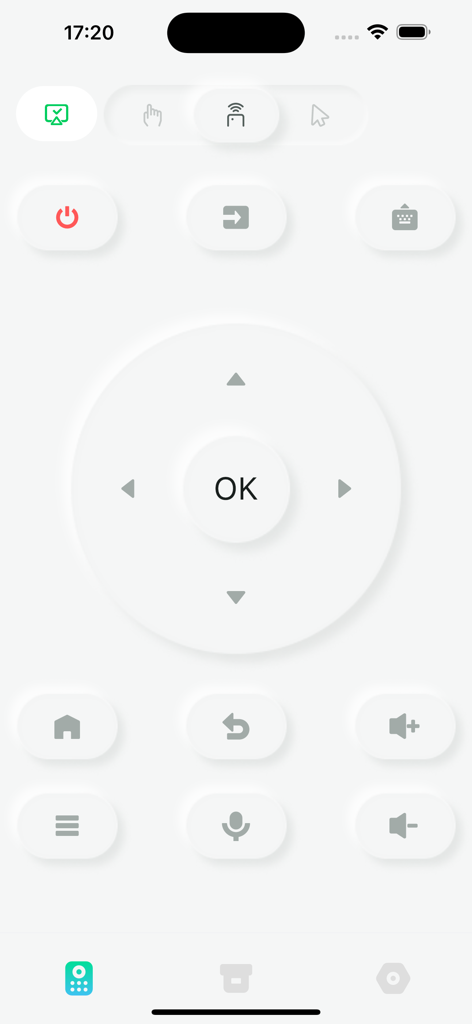Interfaccia utente dell'app C-Remote con layout di controllo remoto TV digitale con pad direzionale e pulsanti del volume
