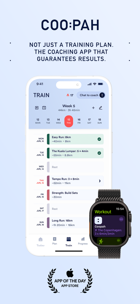 Coopah: The Run Coaching App - Coopah app interface showing a weekly running training plan on an iPhone and synced Apple Watch.